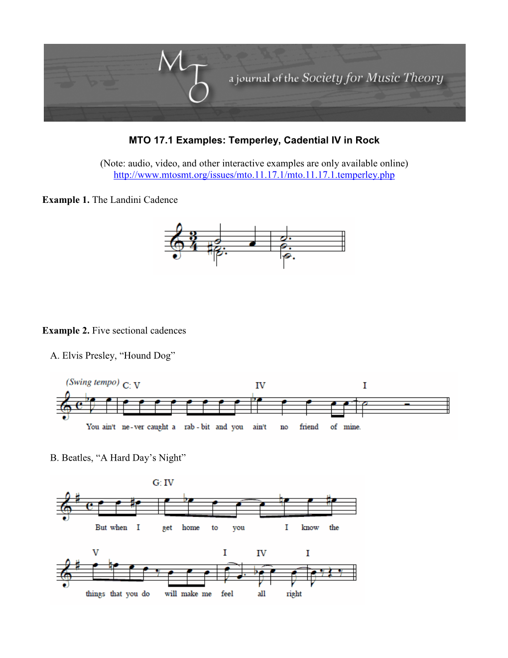 MTO 17.1 Examples: Temperley, Cadential IV in Rock