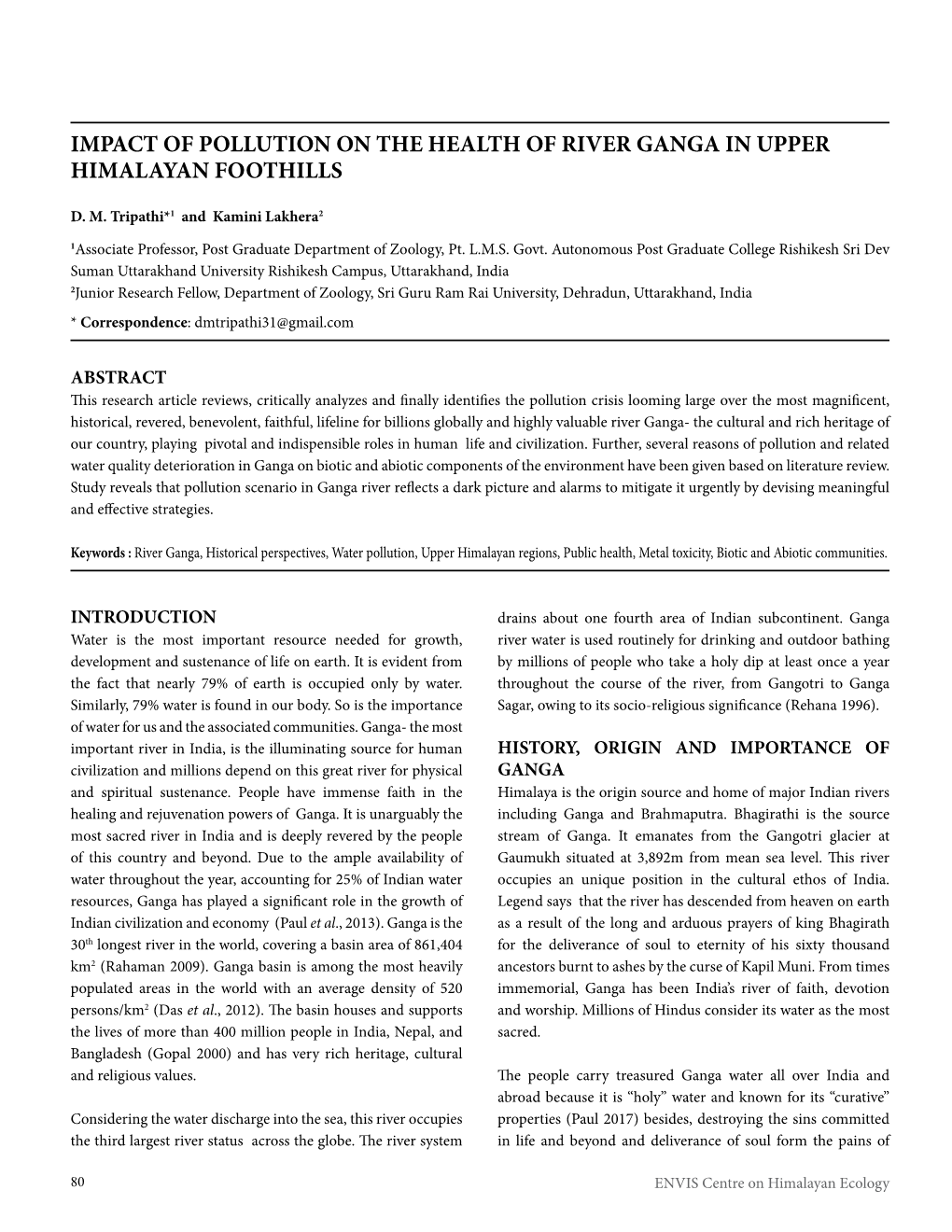 Impact of Pollution on the Health of River Ganga in Upper Himalayan Foothills