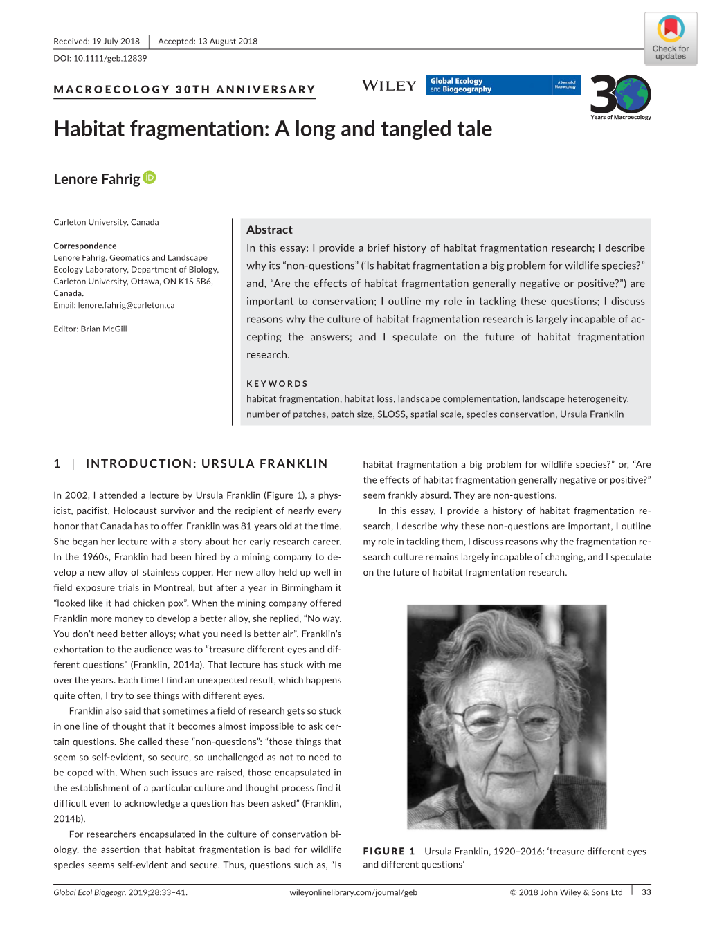 Habitat Fragmentation: a Long and Tangled Tale