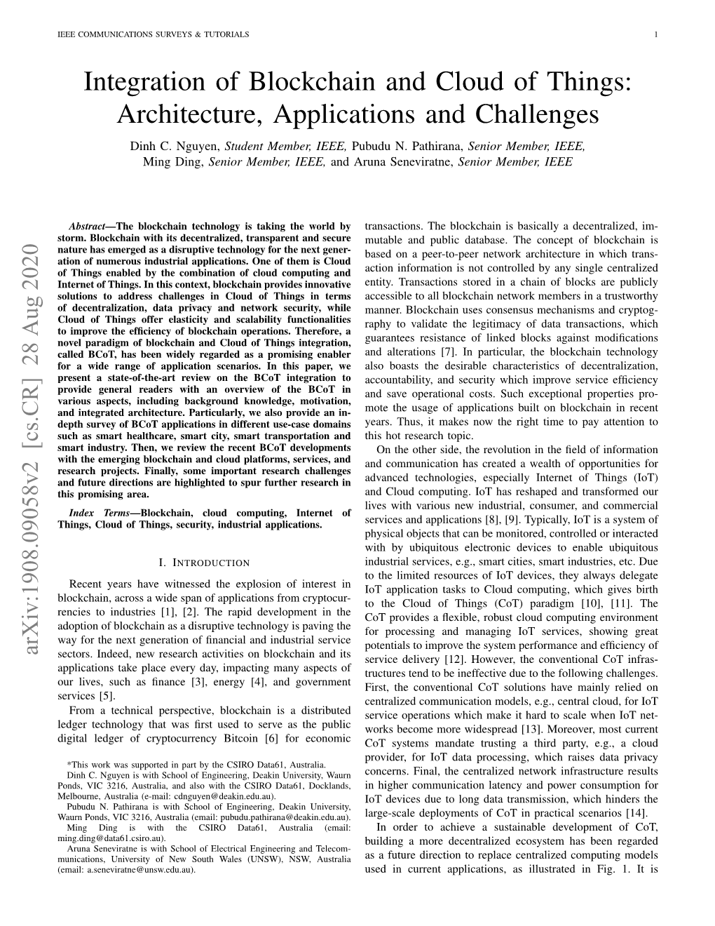 Integration of Blockchain and Cloud of Things: Architecture, Applications and Challenges Dinh C