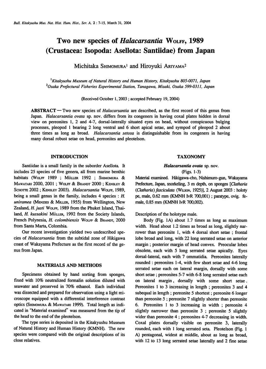 Two New Species of Halacarsantia Wolff, 1989 (Crustacea: Isopoda: Asellota: Santiidae) from Japan