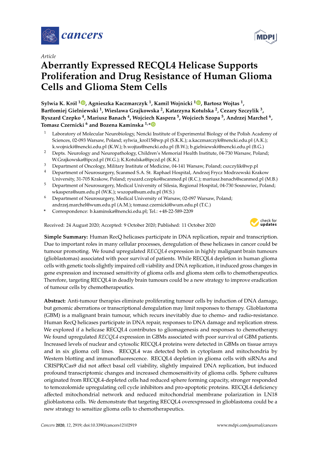 Aberrantly Expressed RECQL4 Helicase Supports Proliferation and Drug Resistance of Human Glioma Cells and Glioma Stem Cells