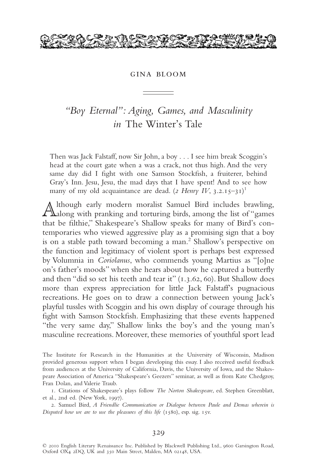 Boy Eternal: Aging, Games, and Masculinity in the Winter's Tale