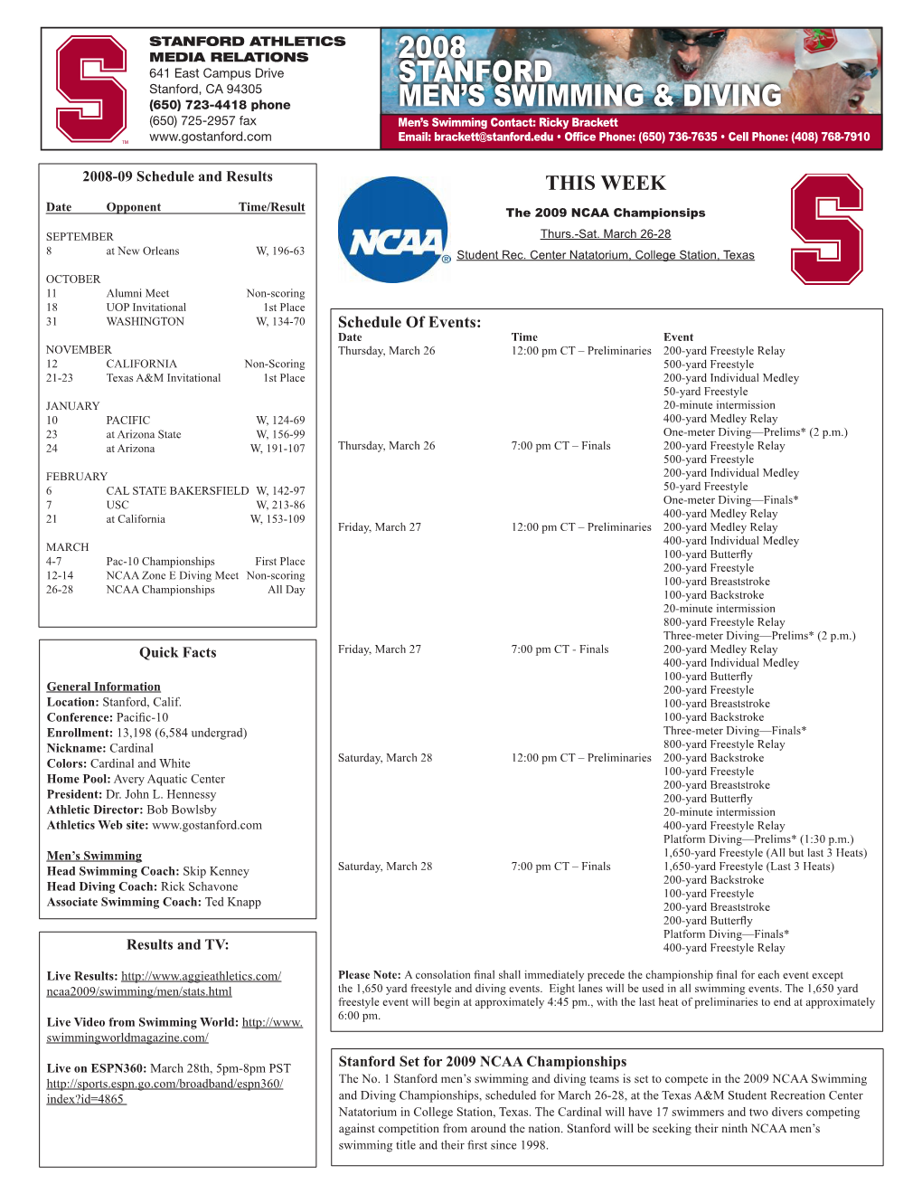 2008 Stanford Men's Swimming & Diving