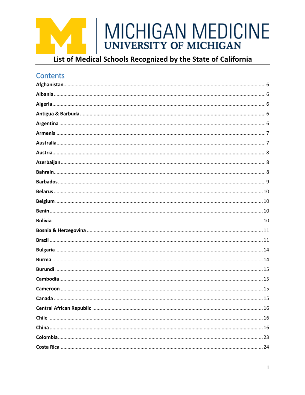 List of Medical Schools Recognized by the State of California Contents Afghanistan