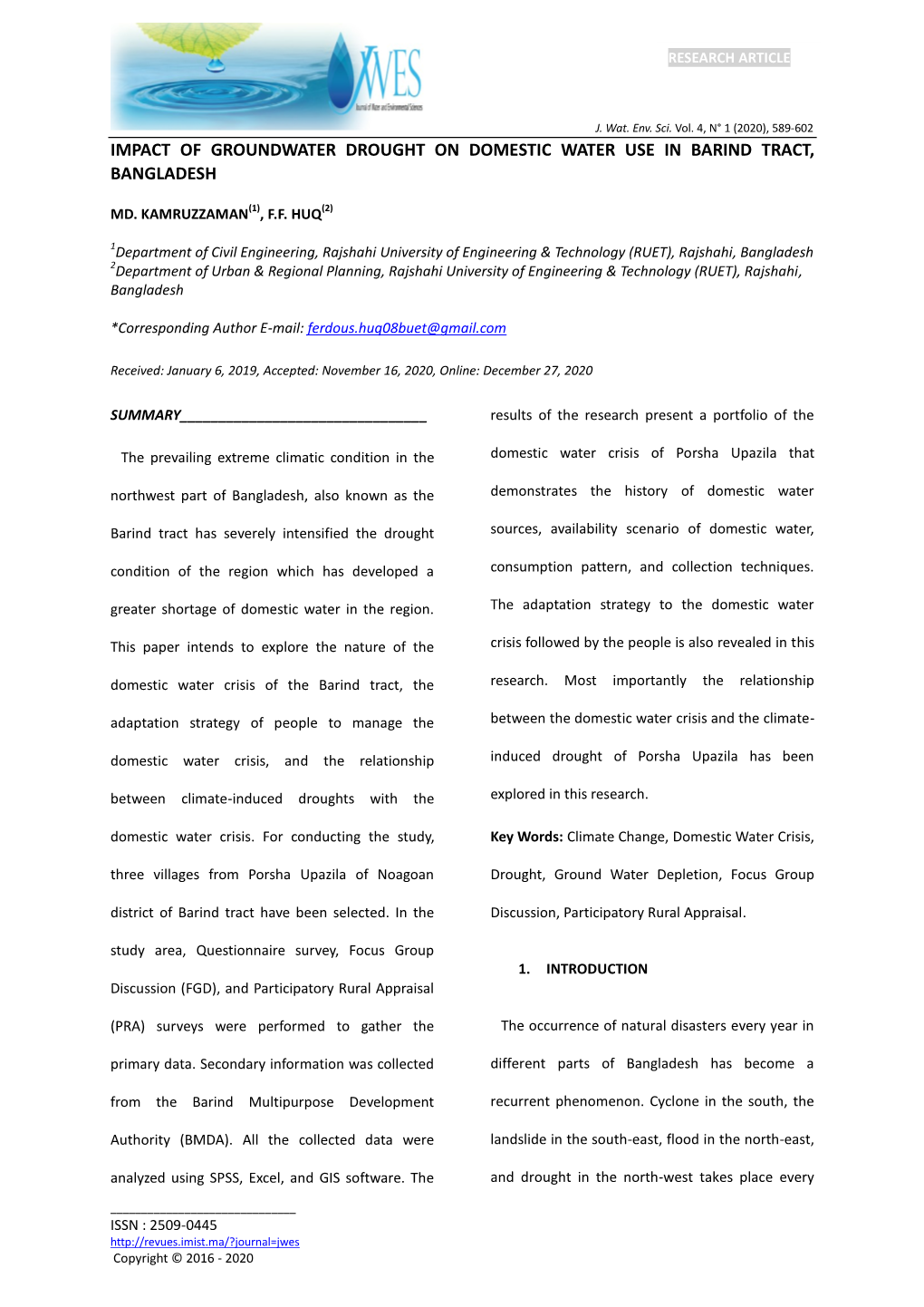 Impact of Groundwater Drought on Domestic Water Use in Barind Tract, Bangladesh