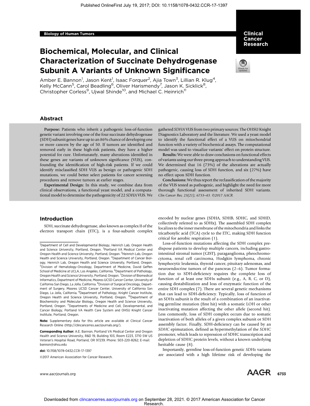 Biochemical, Molecular, and Clinical Characterization of Succinate Dehydrogenase Subunit a Variants of Unknown Signiﬁcance Amber E