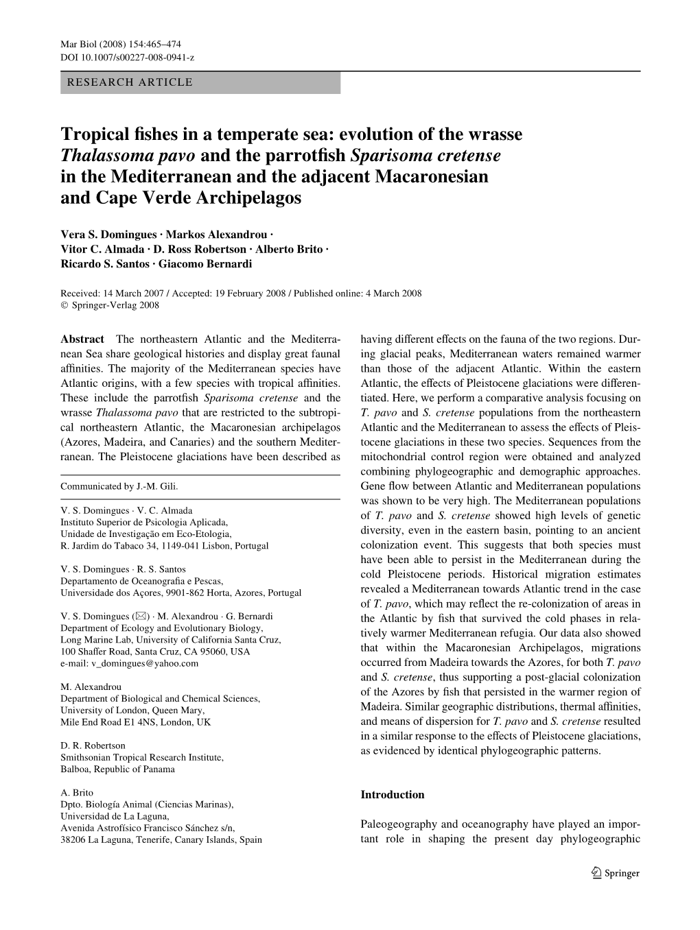 Evolution of the Wrasse Thalassoma Pavo and the Parrotwsh Sparisoma Cretense in the Mediterranean and the Adjacent Macaronesian and Cape Verde Archipelagos