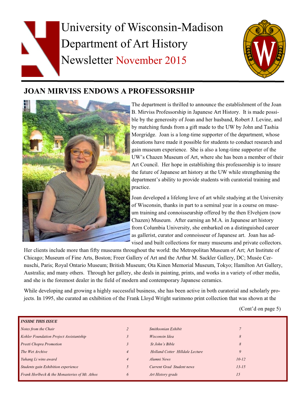 University of Wisconsin-Madison Department of Art History Newsletter November 2015