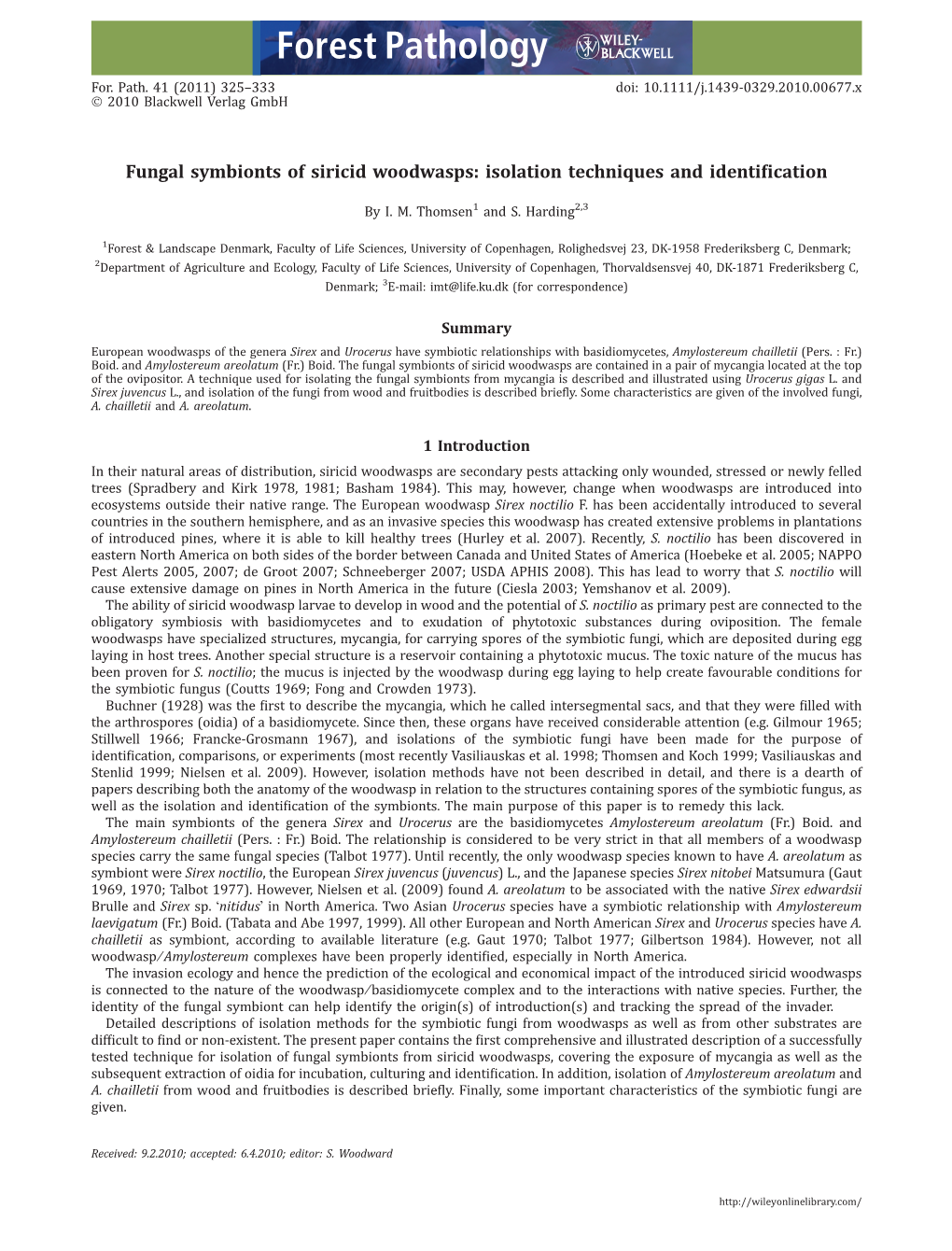 Fungal Symbionts of Siricid Woodwasps: Isolation Techniques and Identiﬁcation