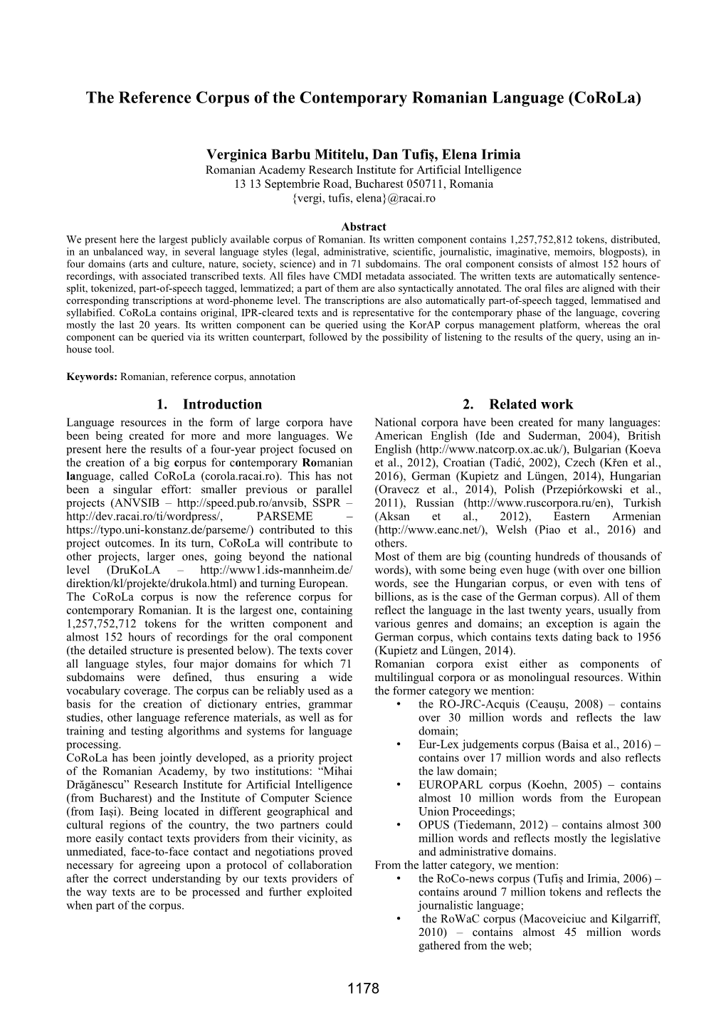 The Reference Corpus of the Contemporary Romanian Language (Corola)