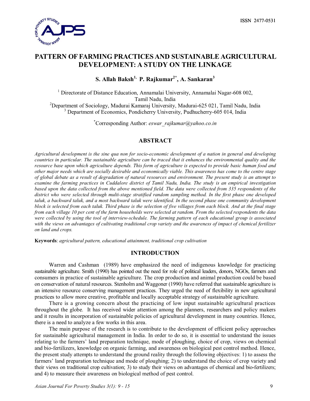 Pattern of Farming Practices and Sustainable Agricultural Development: a Study on the Linkage