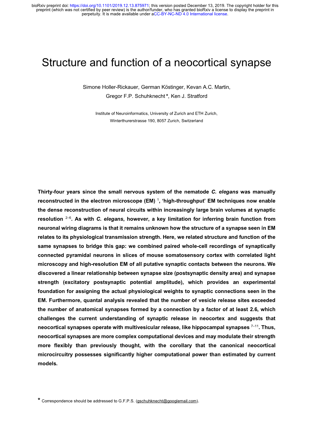 Structure and Function of a Neocortical Synapse