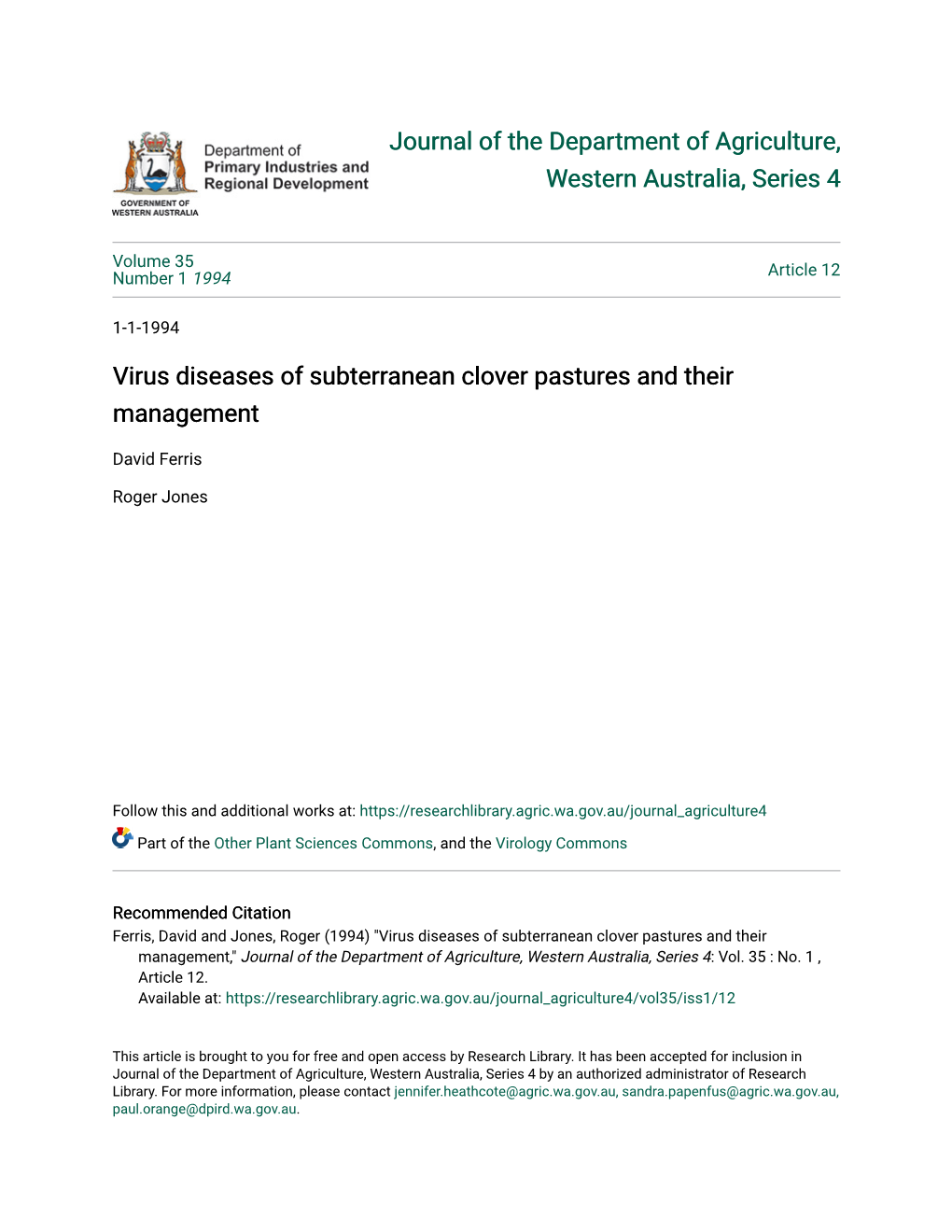 Virus Diseases of Subterranean Clover Pastures and Their Management