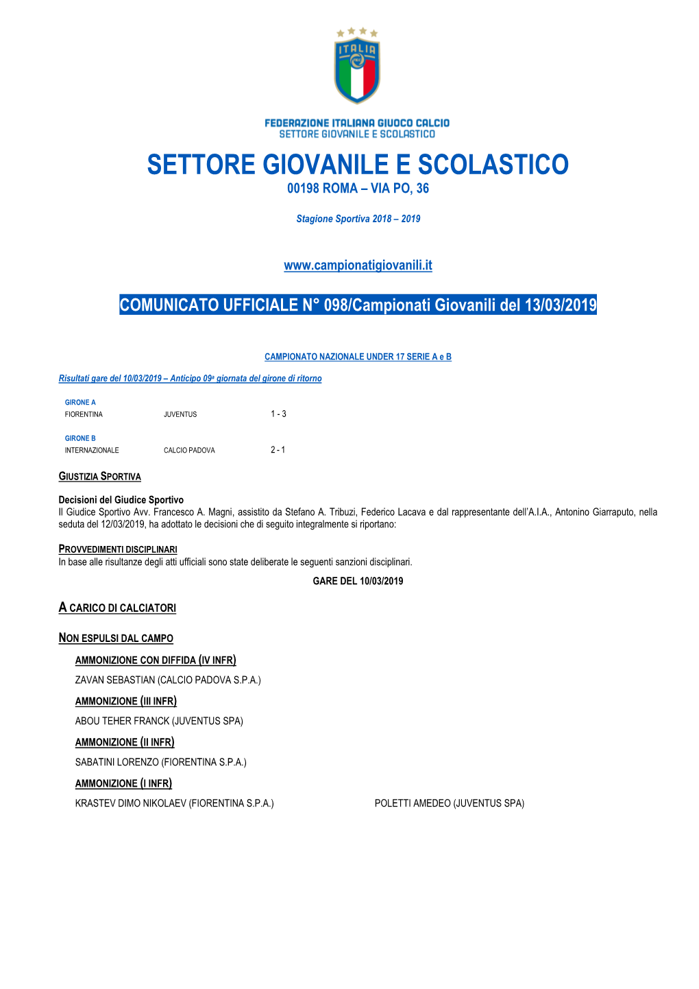 Settore Giovanile E Scolastico 00198 Roma – Via Po, 36