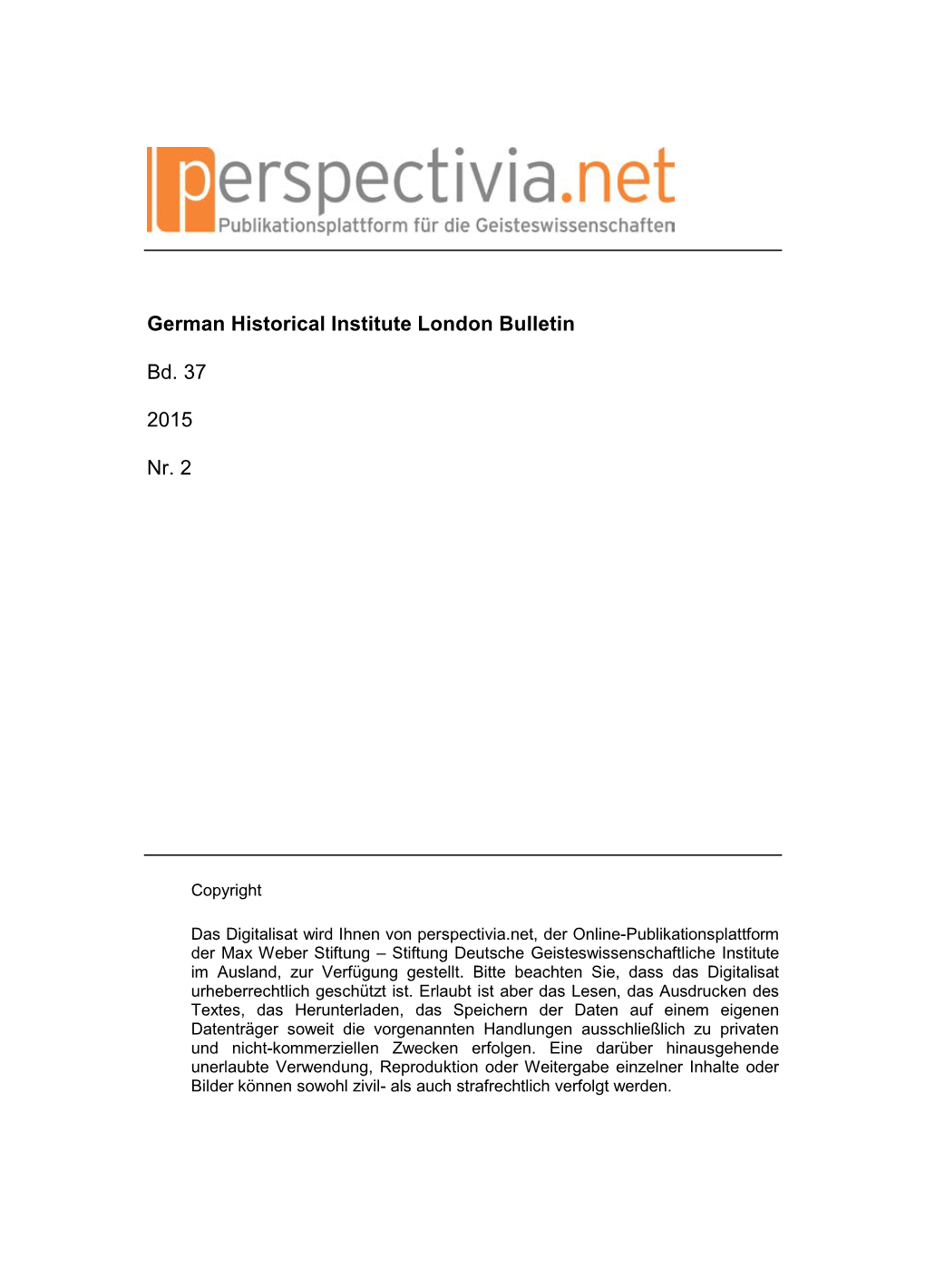 German Historical Institute London Bulletin Bd. 37 2015 Nr. 2