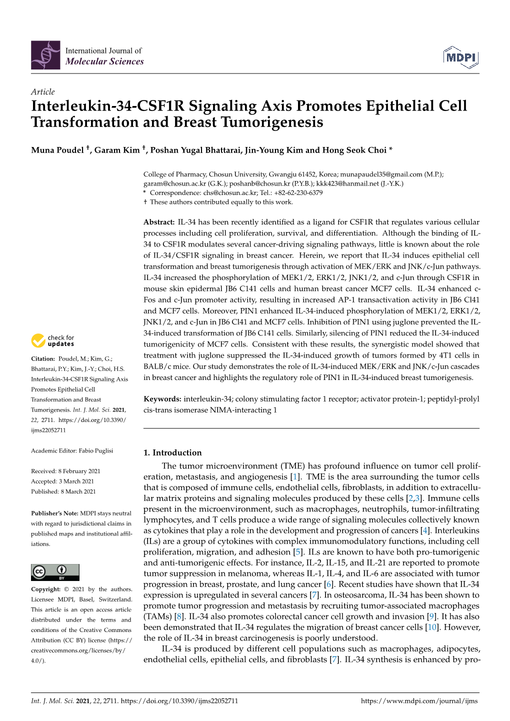 Interleukin-34-CSF1R Signaling Axis Promotes Epithelial Cell Transformation and Breast Tumorigenesis