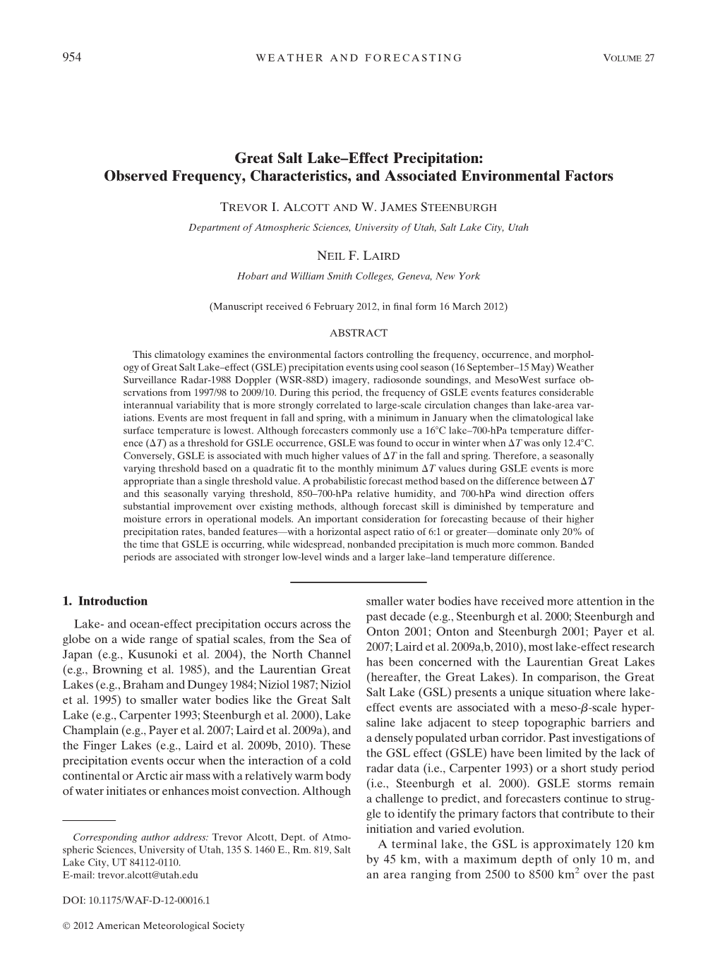 Great Salt Lake–Effect Precipitation: Observed Frequency, Characteristics, and Associated Environmental Factors