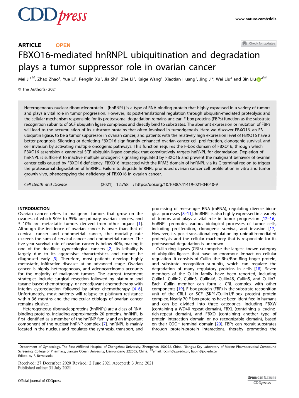 FBXO16-Mediated Hnrnpl Ubiquitination and Degradation