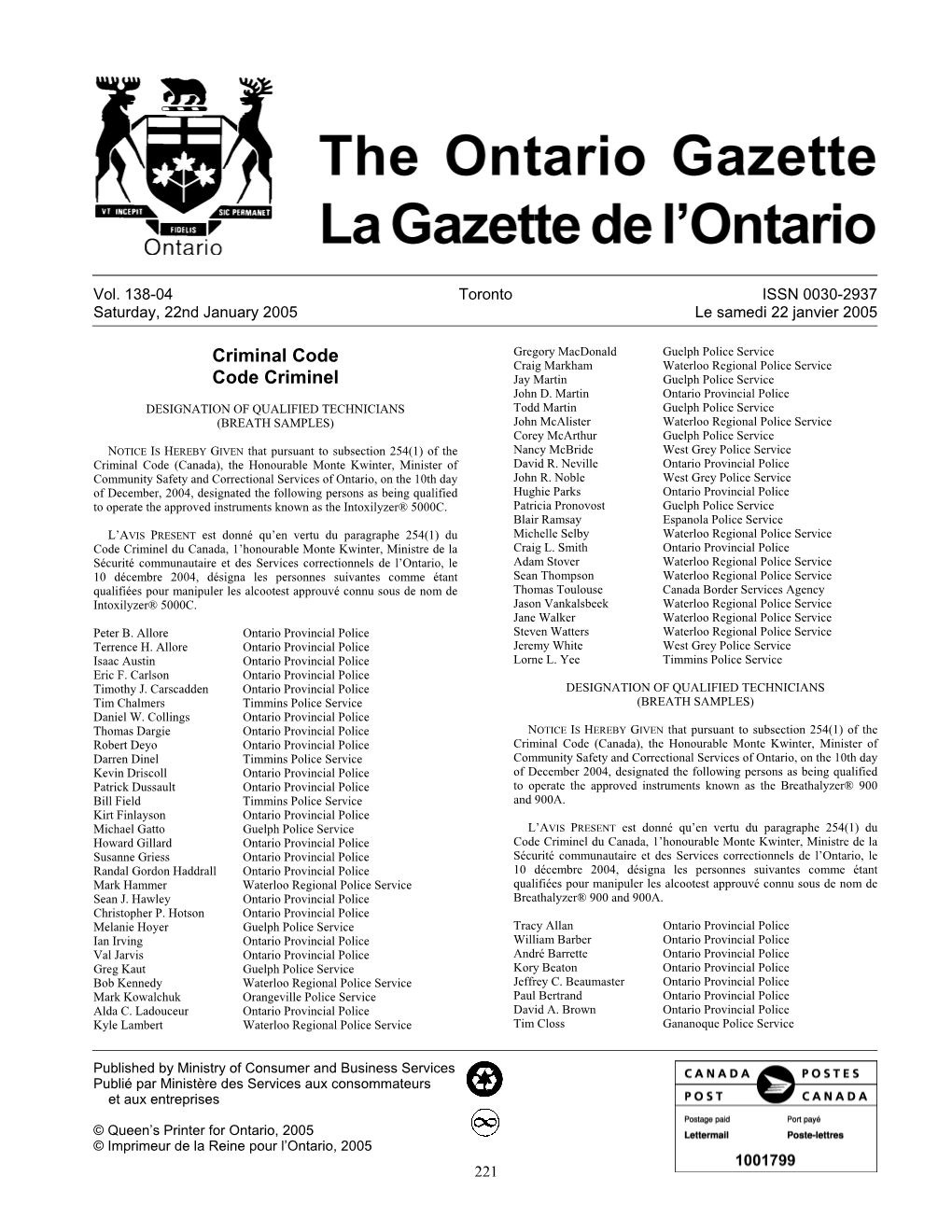 Ontario Gazette Volume 138 Issue 4, La Gazette De L'ontario Volume 138