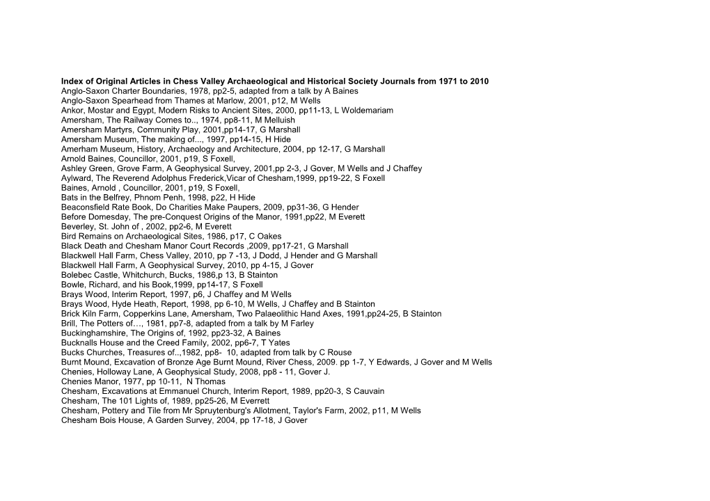 Index of Original Articles in Chess Valley Archaeological and Historical Society Journals