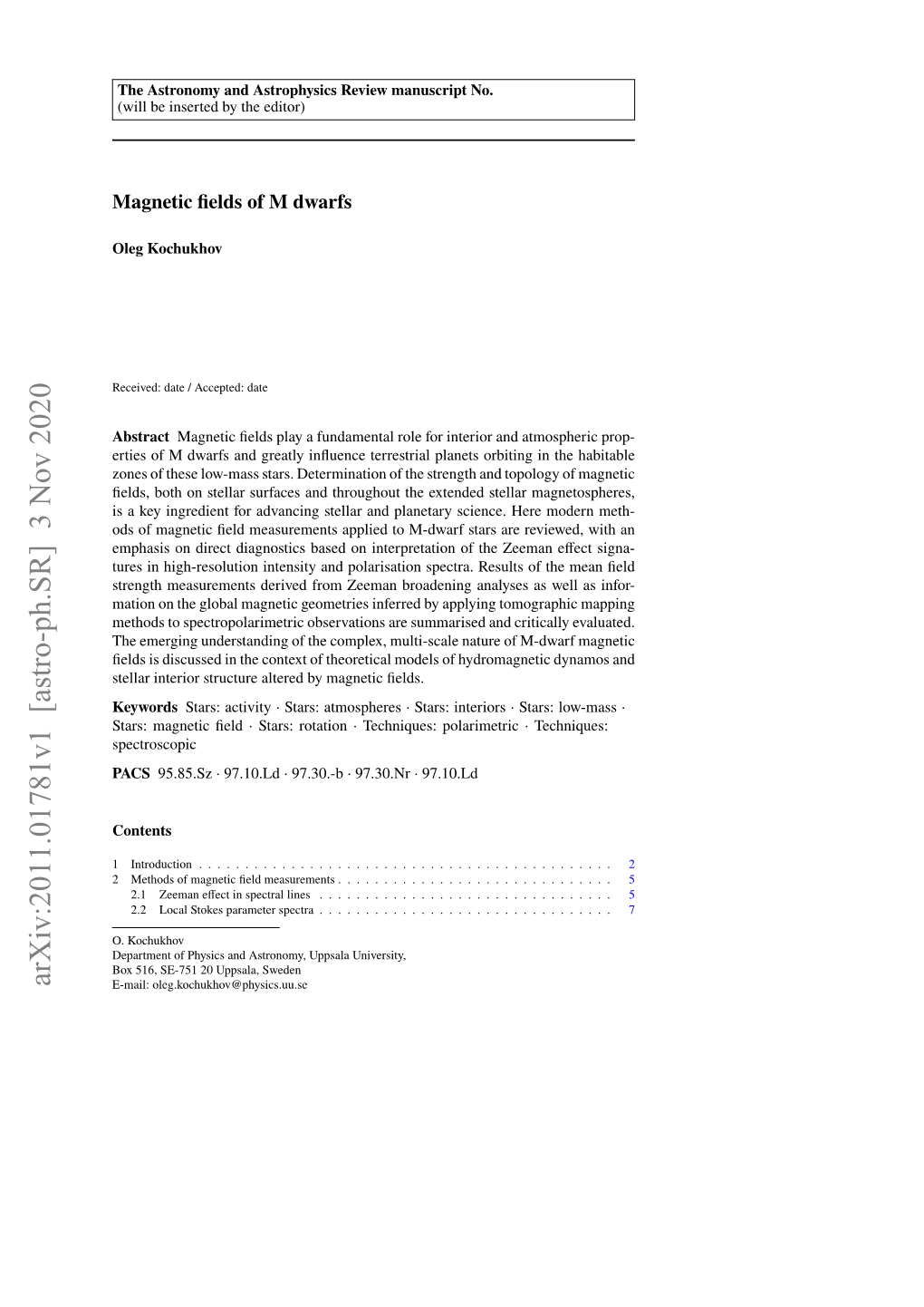 Arxiv:2011.01781V1 [Astro-Ph.SR] 3 Nov 2020 E-Mail: Oleg.Kochukhov@Physics.Uu.Se 2 Oleg Kochukhov