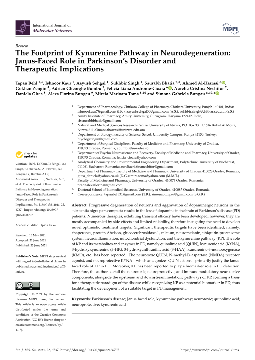 The Footprint of Kynurenine Pathway in Neurodegeneration: Janus-Faced Role in Parkinson’S Disorder and Therapeutic Implications