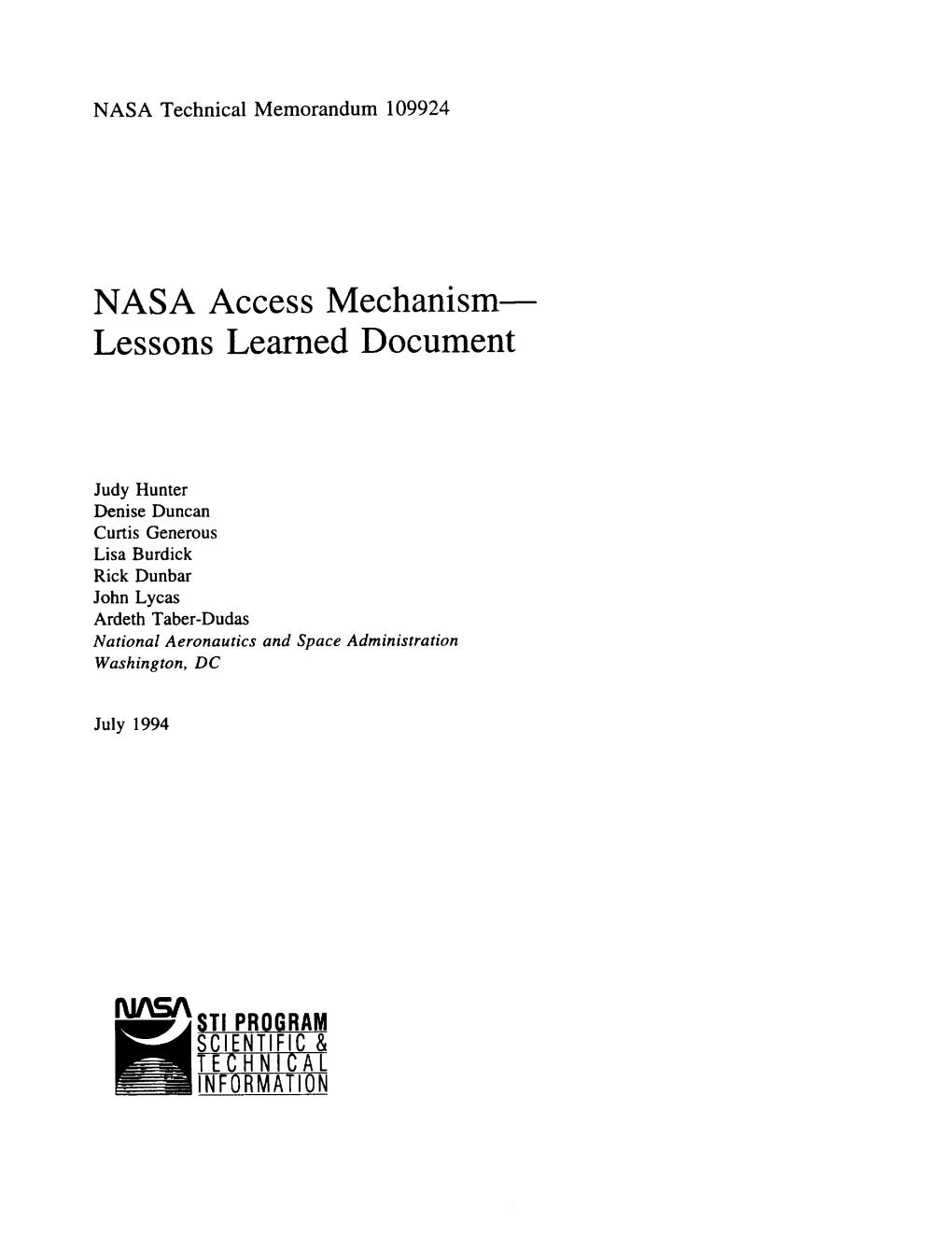 NASA Access Mechanism Lessons Learned Document