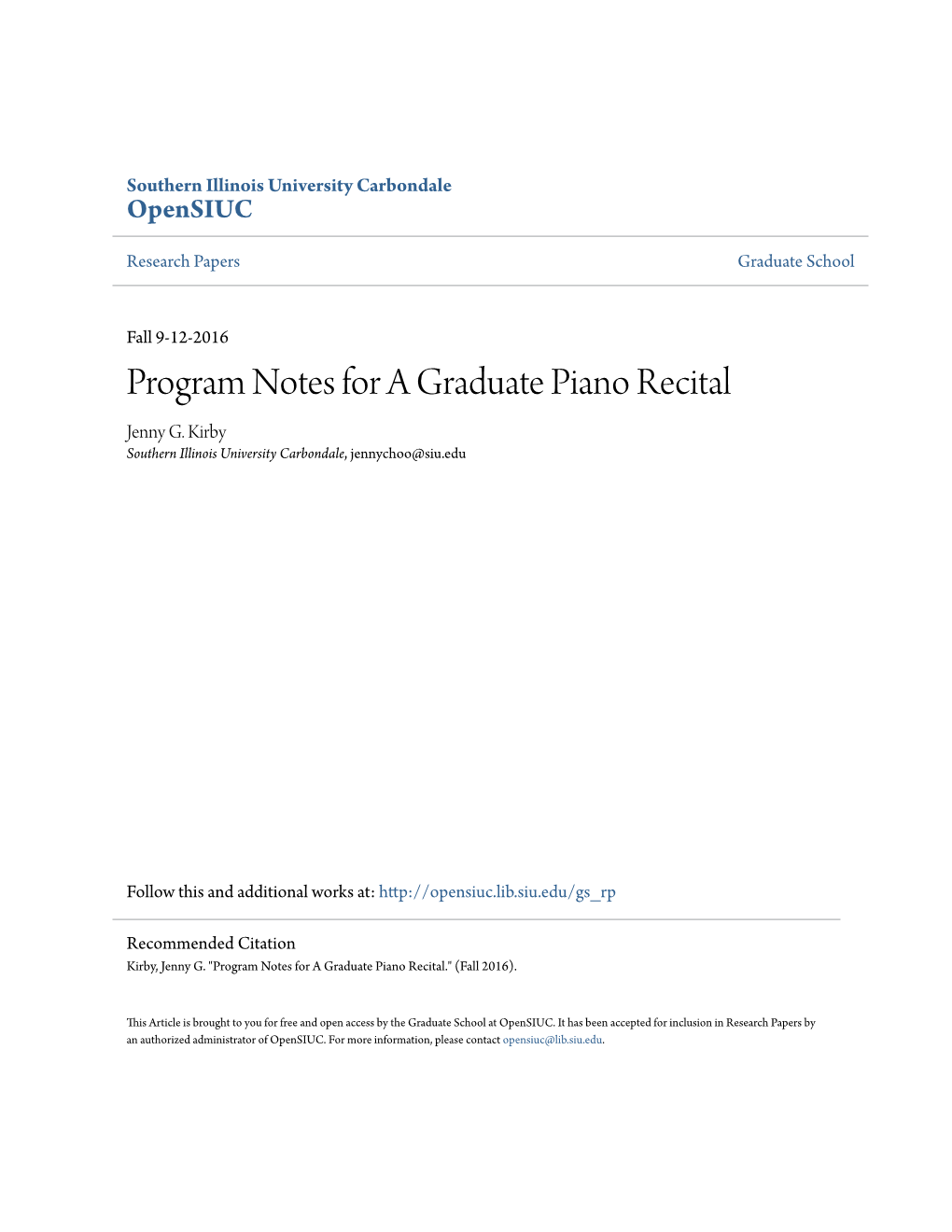 Program Notes for a Graduate Piano Recital Jenny G