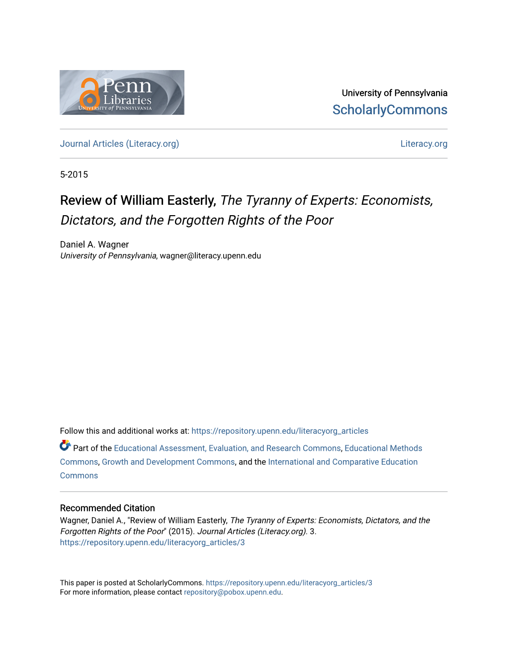 Review of William Easterly, the Tyranny of Experts: Economists, Dictators, and the Forgotten Rights of the Poor