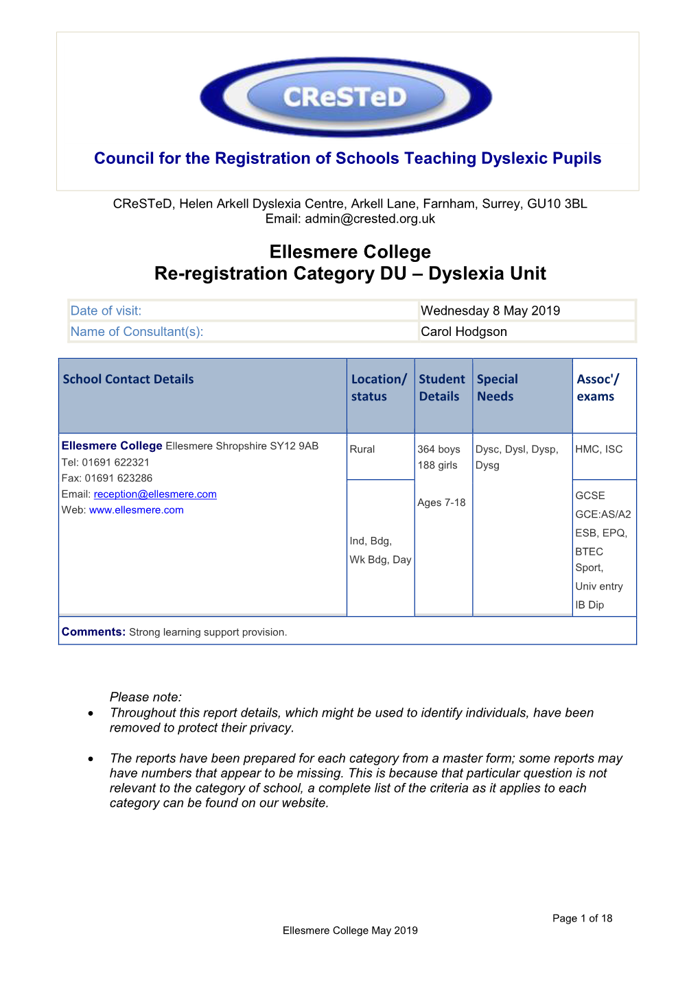Ellesmere College Re-Registration Category DU – Dyslexia Unit
