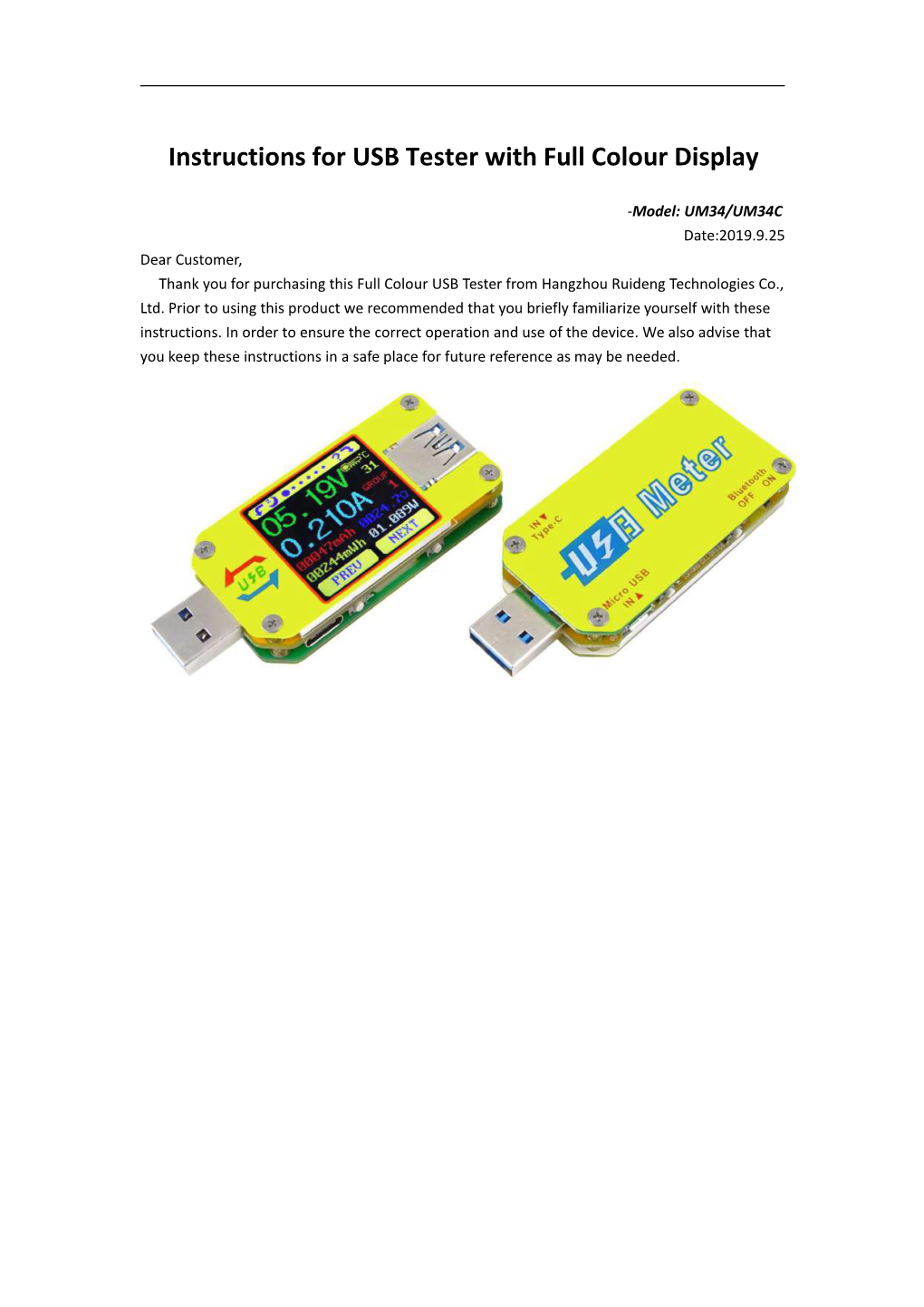 Instructions for USB Tester with Full Colour Display