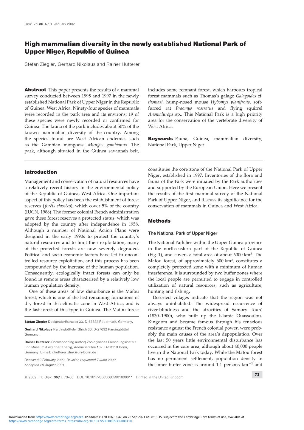 High Mammalian Diversity in the Newly Established National Park of Upper Niger, Republic of Guinea