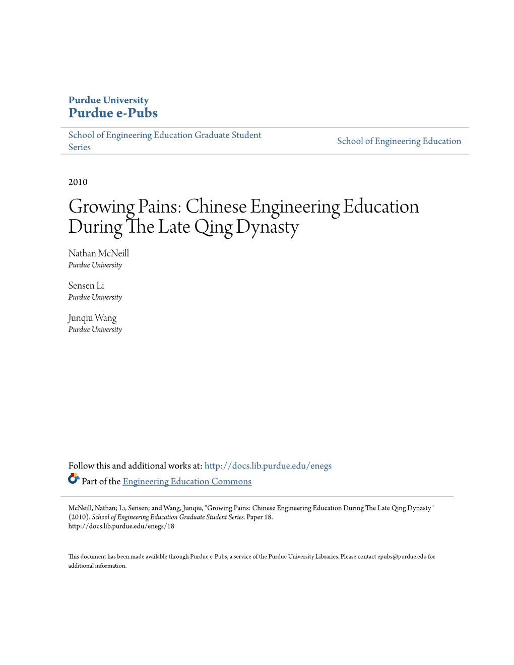 Chinese Engineering Education During the Late Qing Dynasty Nathan Mcneill Purdue University