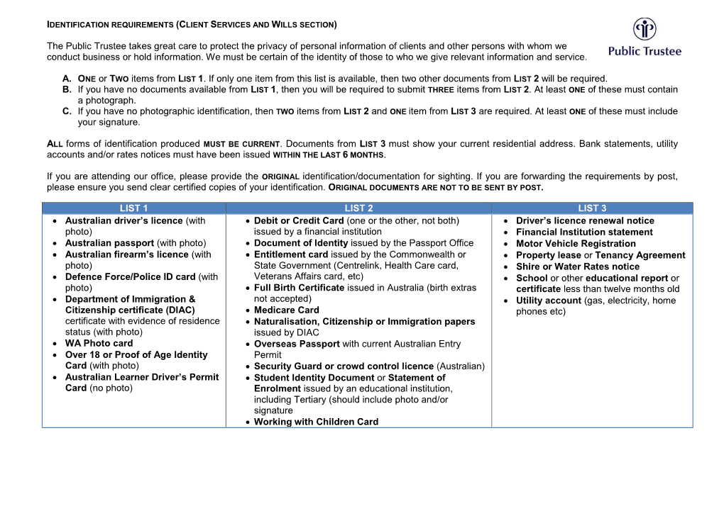 Identification Requirements (Client Services and Wills Section)