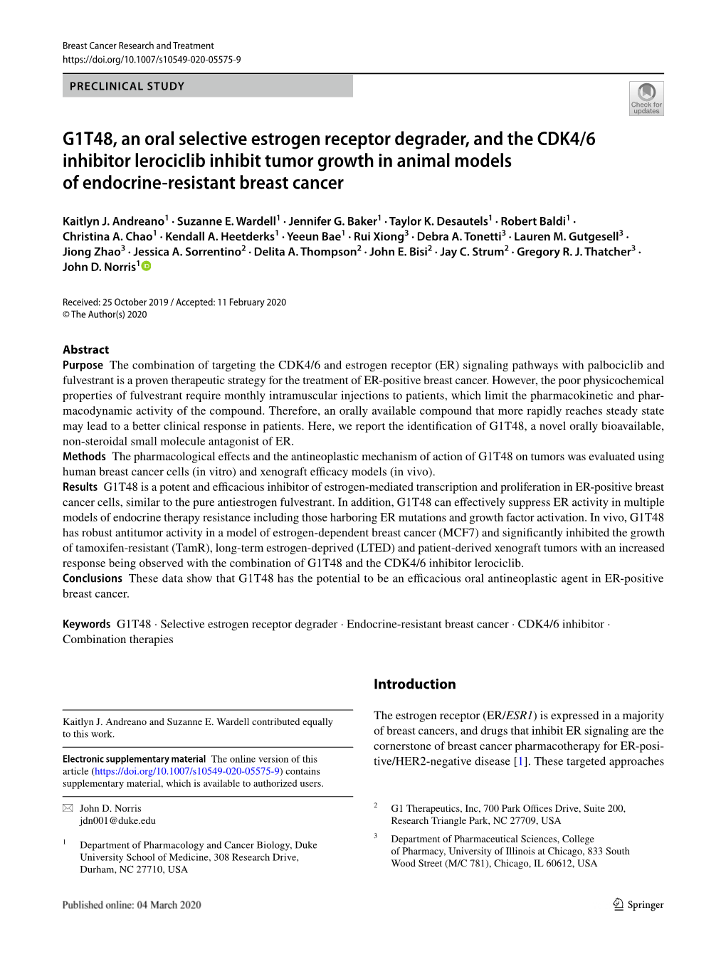 G1T48, an Oral Selective Estrogen Receptor Degrader, and the CDK4/6 Inhibitor Lerociclib Inhibit Tumor Growth in Animal Models of Endocrine‑Resistant Breast Cancer