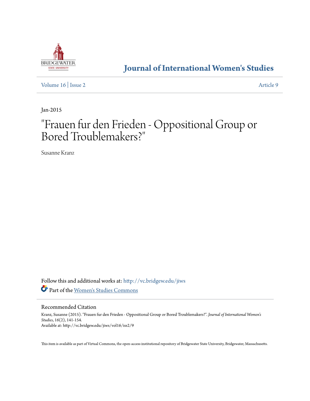 "Frauen Fur Den Frieden - Oppositional Group Or Bored Troublemakers?" Susanne Kranz