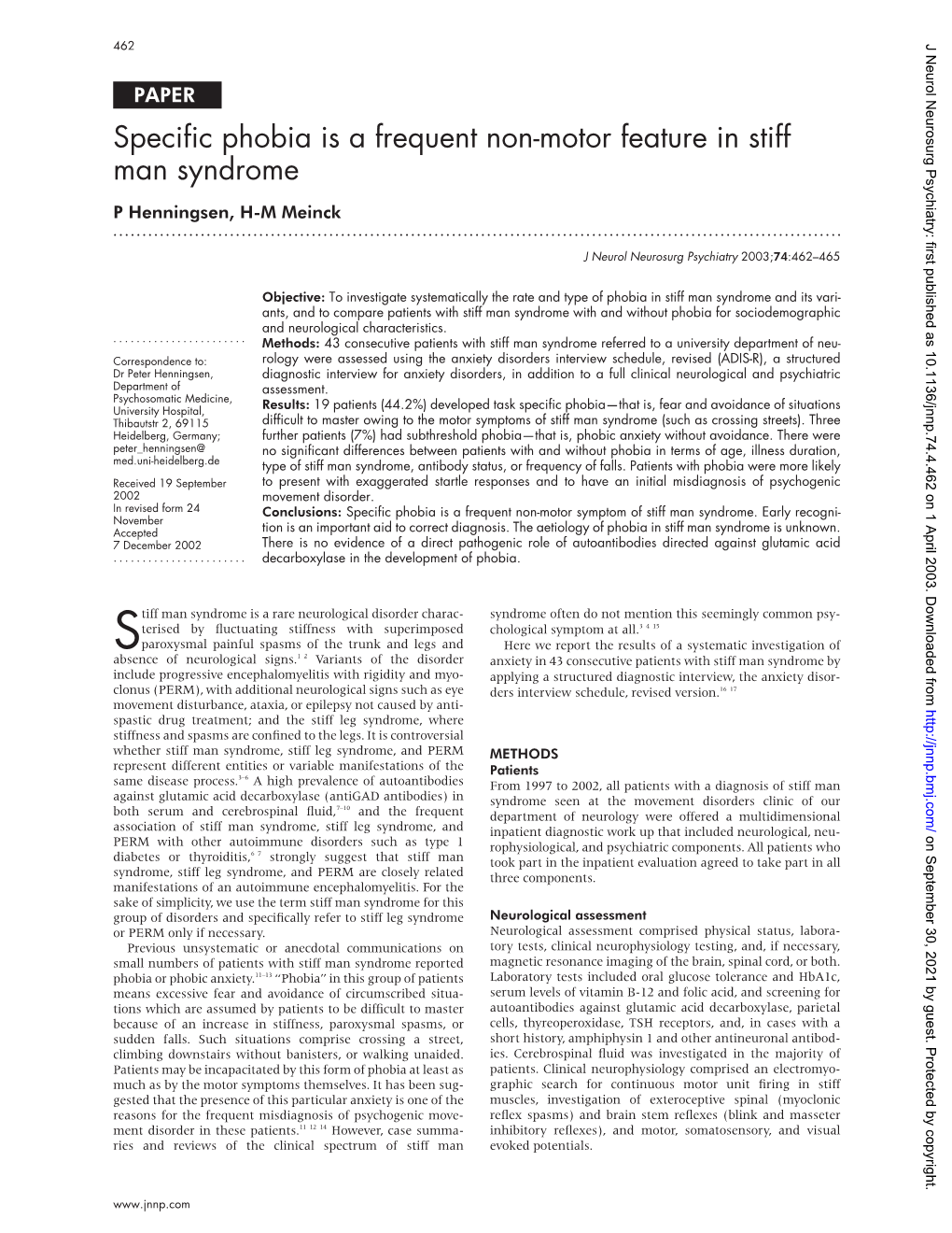 Specific Phobia Is a Frequent Non-Motor Feature in Stiff Man Syndrome P Henningsen, H-M Meinck