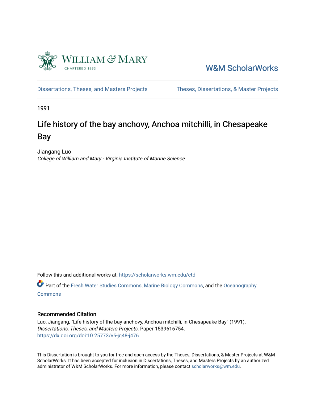 Life History of the Bay Anchovy, Anchoa Mitchilli, in Chesapeake Bay