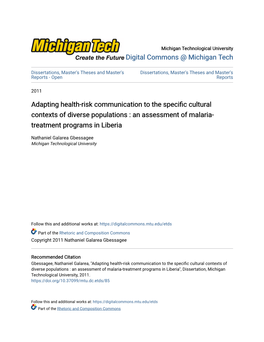 Adapting Health-Risk Communication to the Specific Cultural Contexts of Diverse Populations : an Assessment of Malaria- Treatment Programs in Liberia