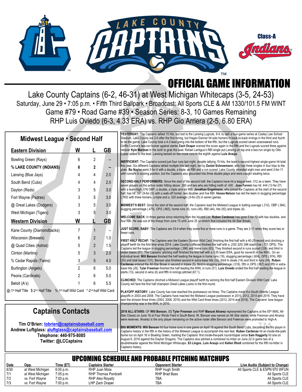 OFFICIAL GAME INFORMATION Lake County Captains (6-2, 46-31) at West Michigan Whitecaps (3-5, 24-53) Saturday, June 29 • 7:05 P.M