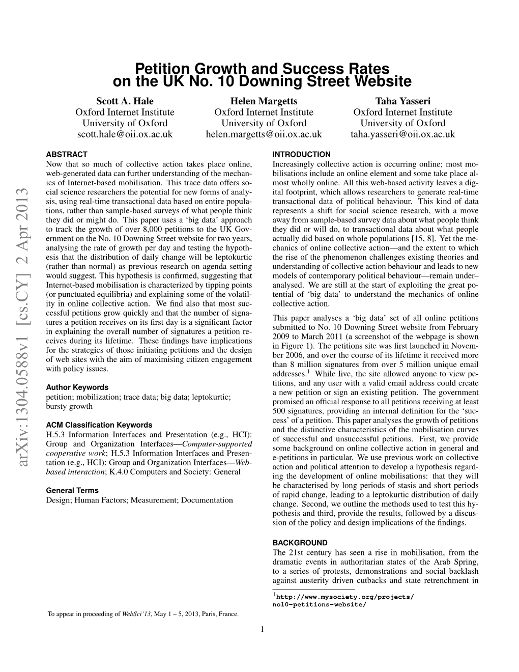 Petition Growth and Success Rates on the UK No. 10 Downing Street Website Scott A