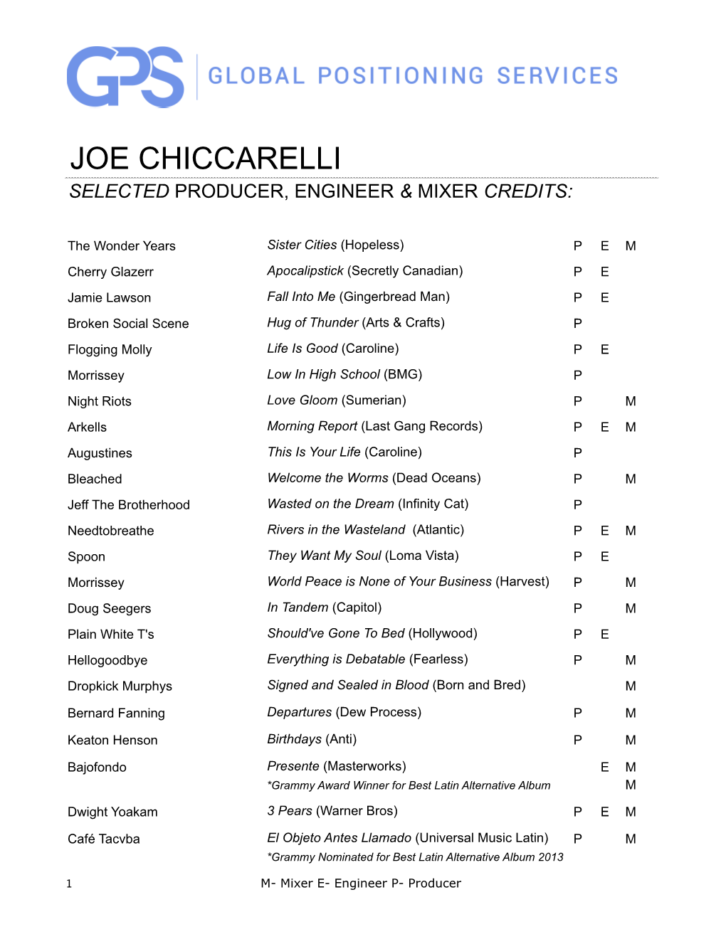 Joe Chiccarelli Selected Producer, Engineer & Mixer Credits