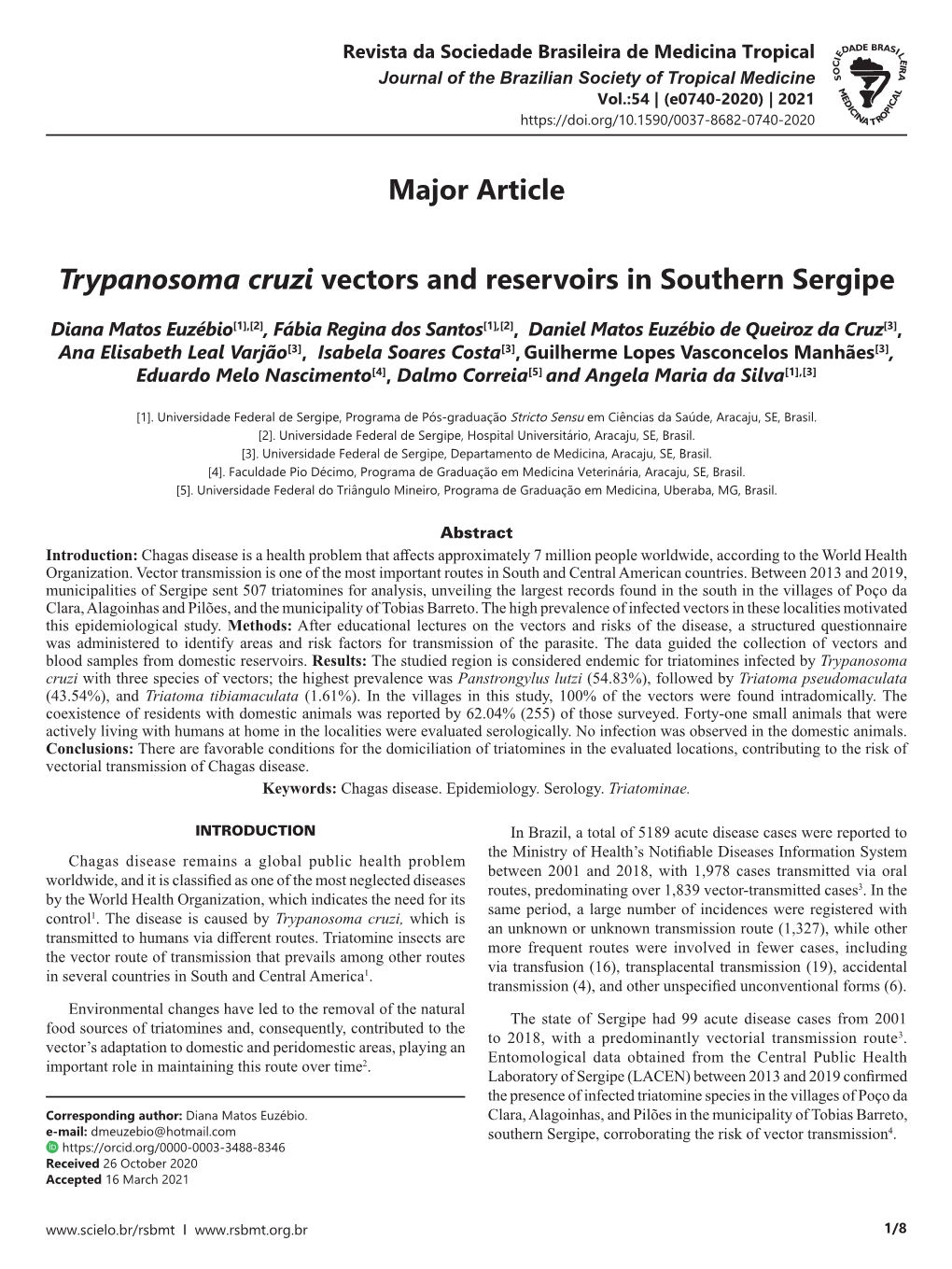 Major Article Trypanosoma Cruzi Vectors and Reservoirs in Southern Sergipe