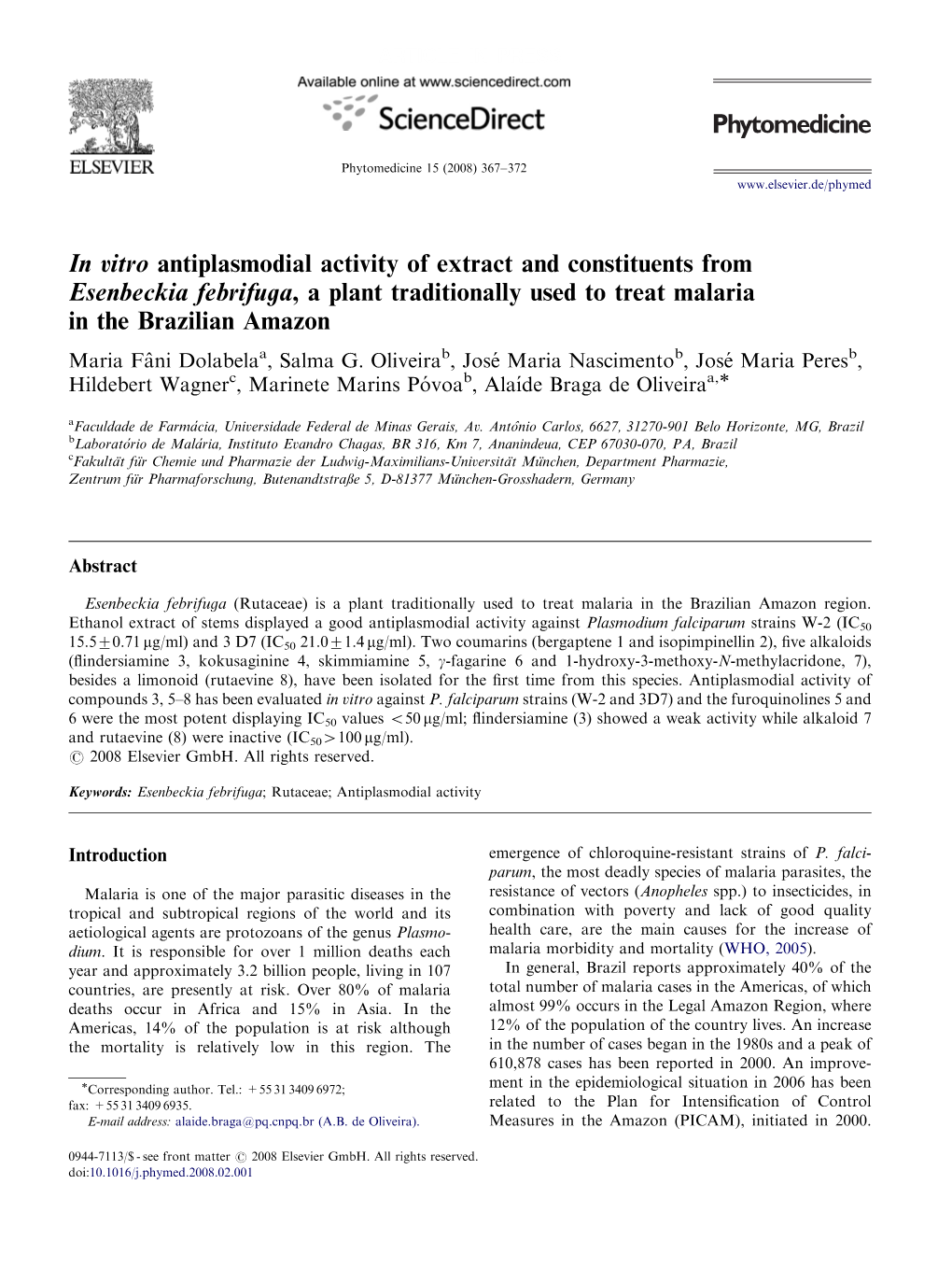 In Vitro Antiplasmodial Activity of Extract and Constituents From