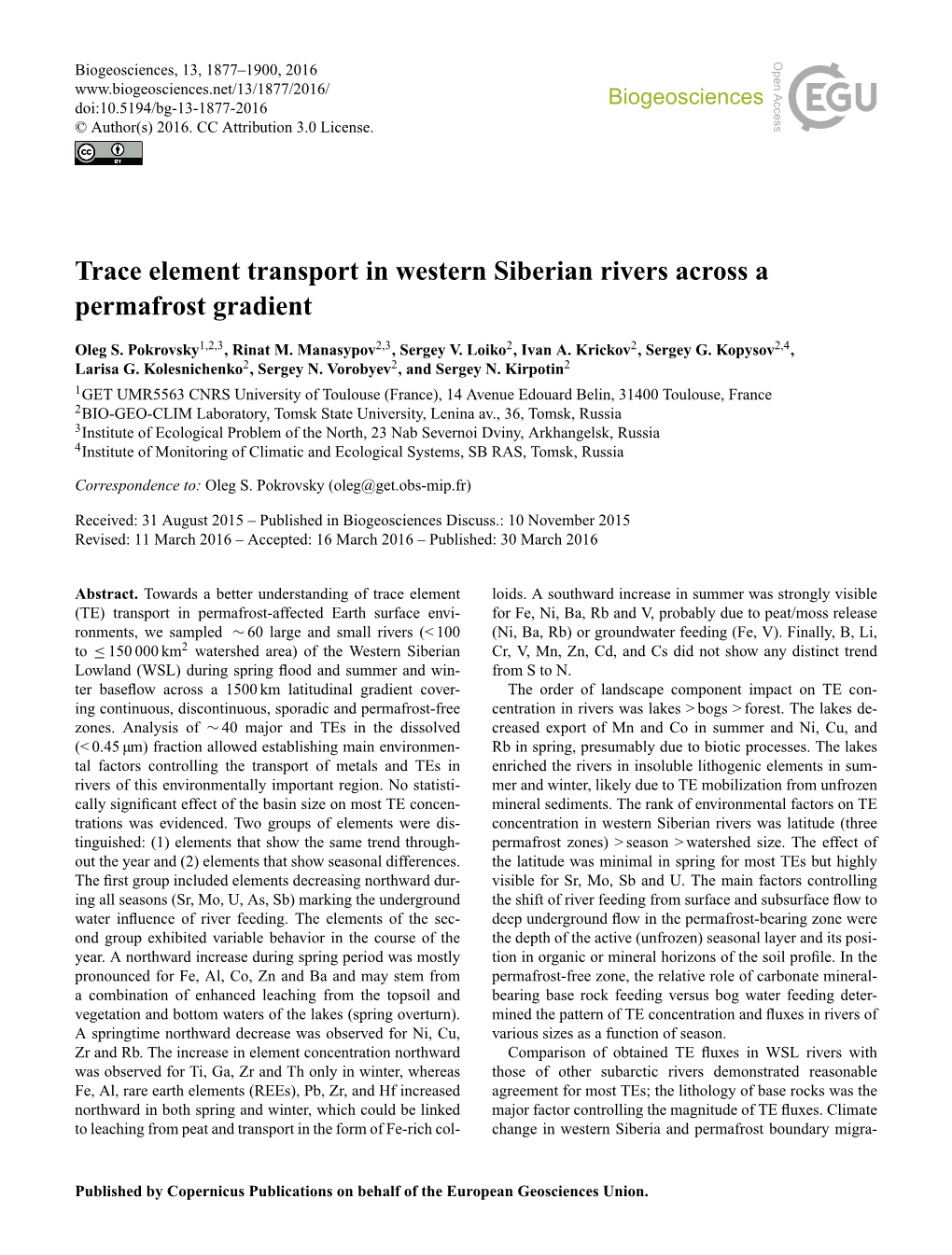 Trace Element Transport in Western Siberian Rivers Across a Permafrost Gradient