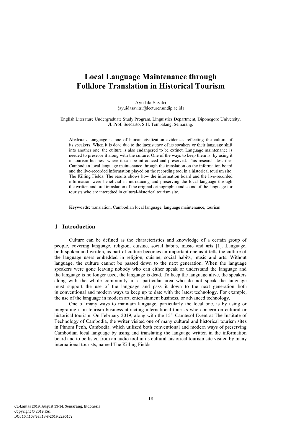 Local Language Maintenance Through Folklore Translation in Historical Tourism