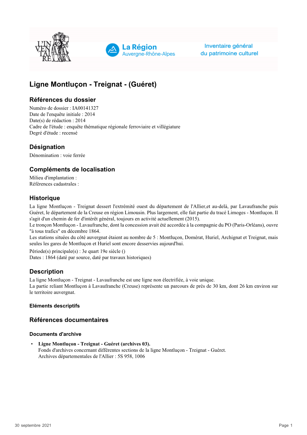 Ligne Montluçon - Treignat - (Guéret)