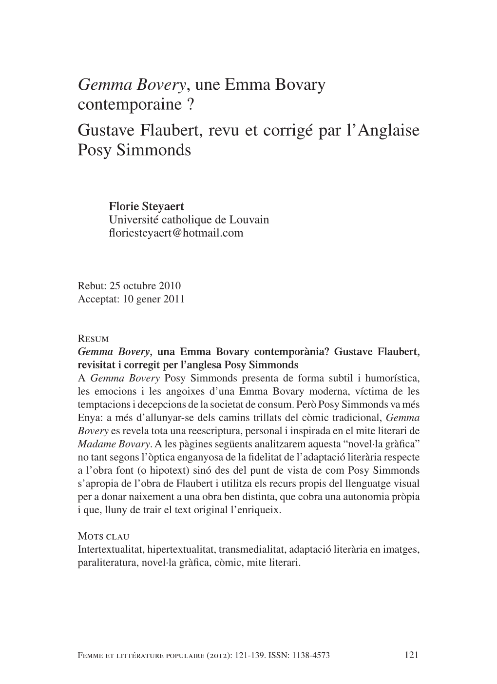 Gemma Bovery, Une Emma Bovary Contemporaine ? Gustave Flaubert, Revu Et Corrigé Par L’Anglaise Posy Simmonds