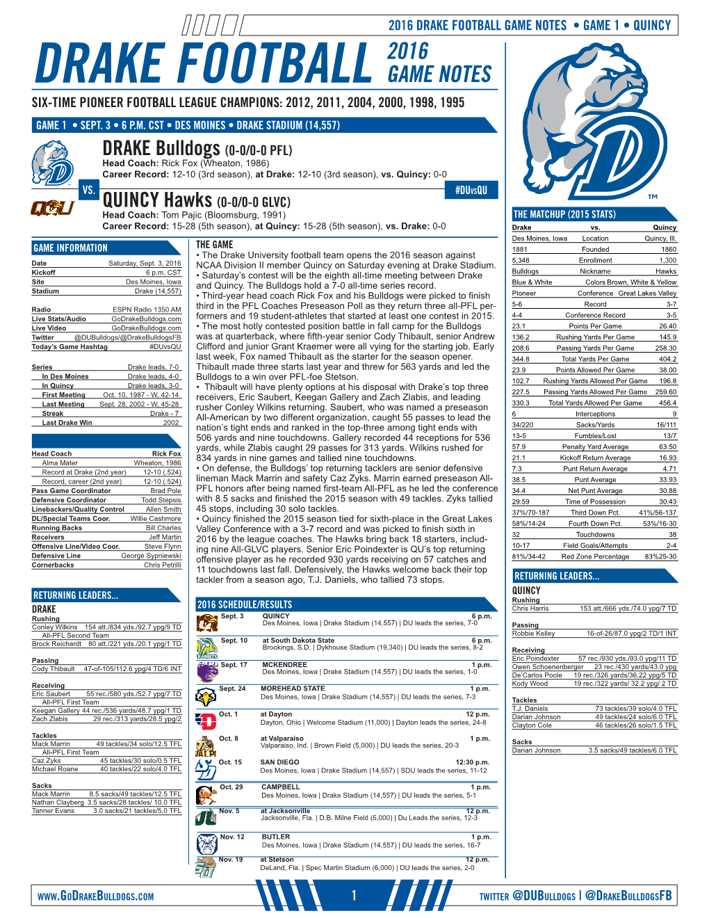 Drake Football 2016 Game Notes